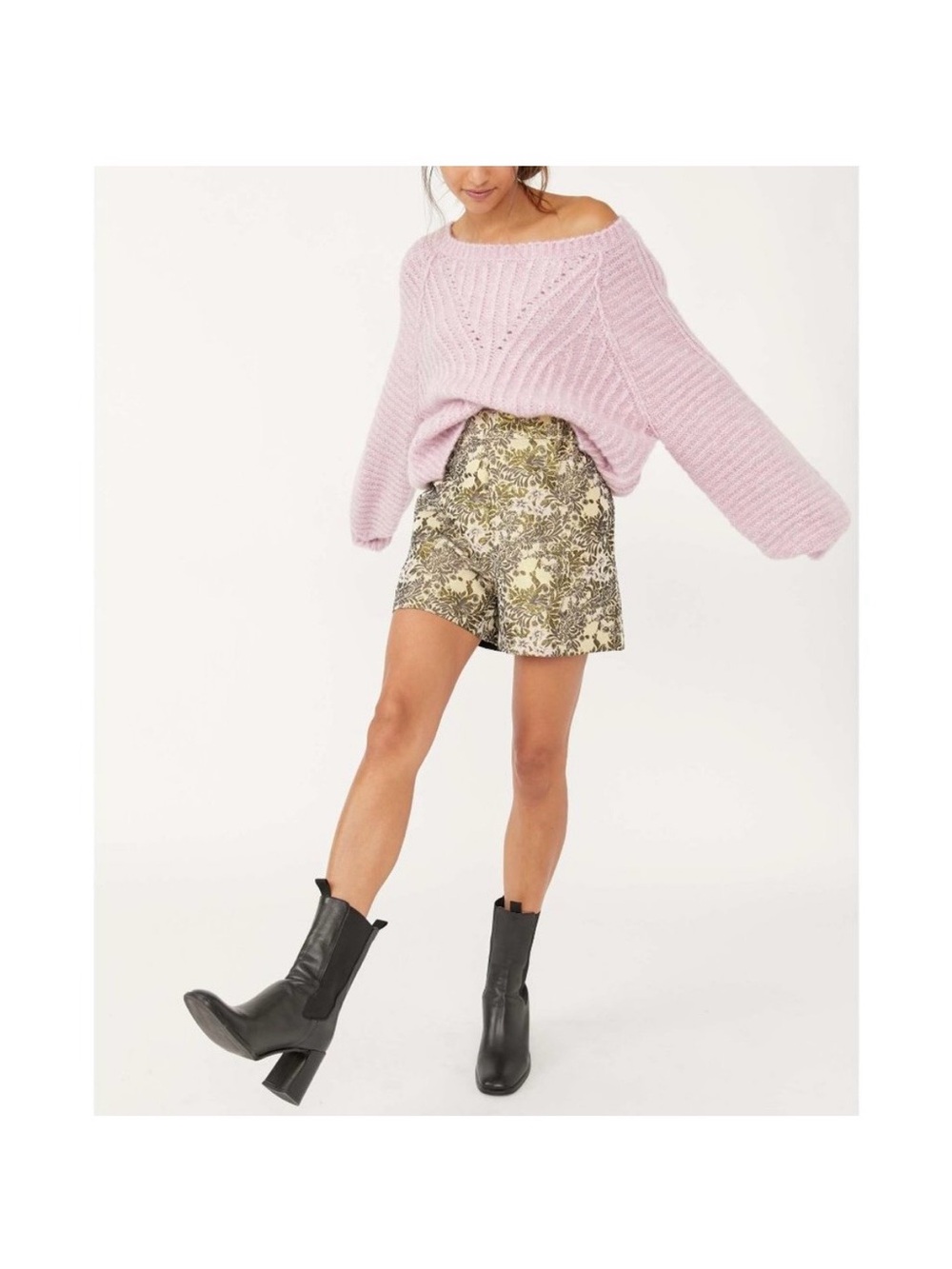 Free People High Waist Floral Print Shorts in Olive & Cream